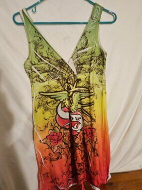 Colorful Graphic Sleeveless Dress with Heart and Roses
